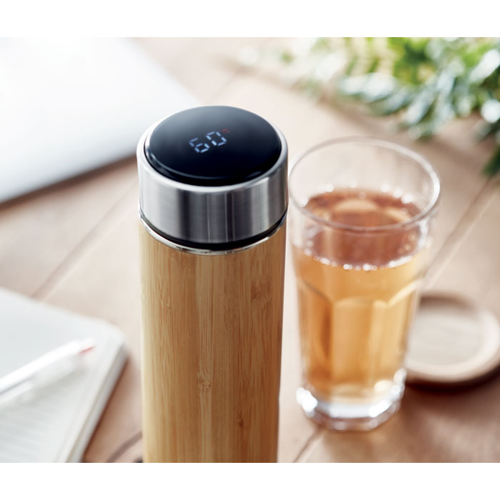 Vacuum Bottle, Bamboo, LED Touch Thermometer